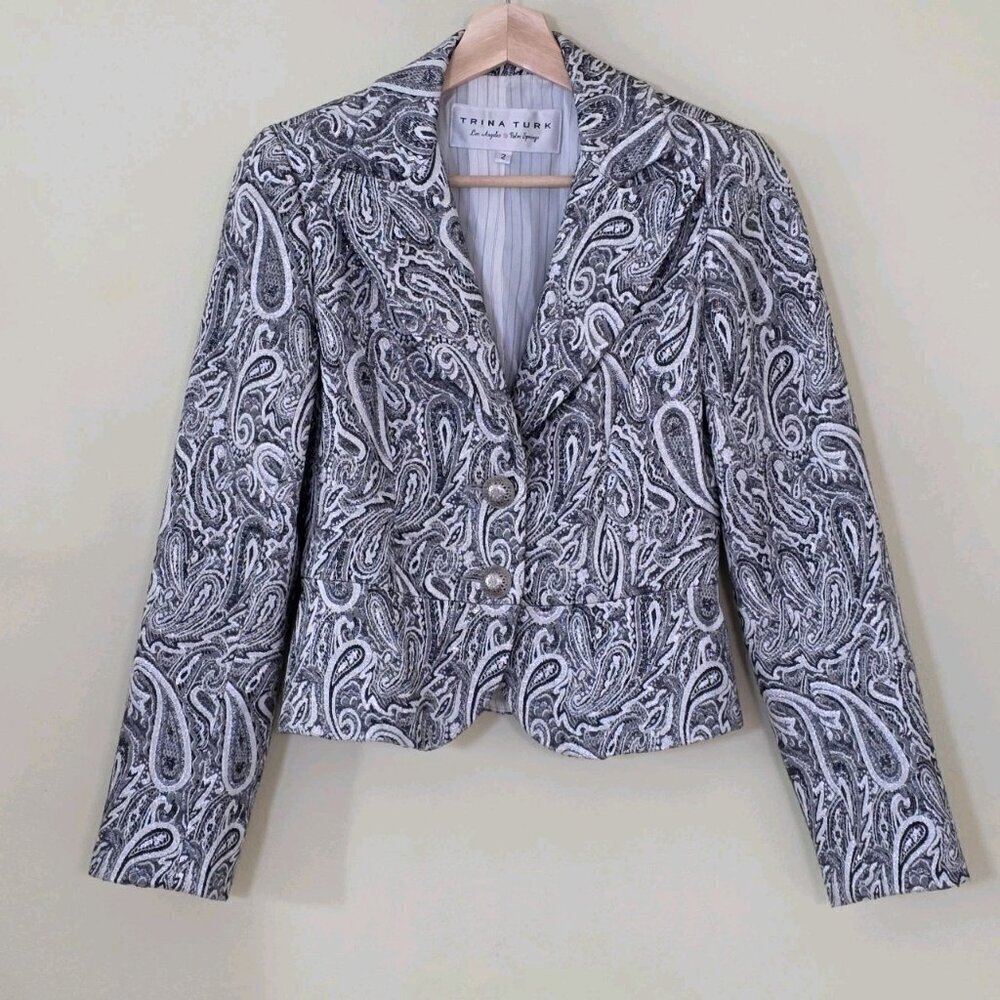 Trina Turk Blazer Womens 2 Gray Silver Paisley LS Cotton Wool Blend Party Boho
